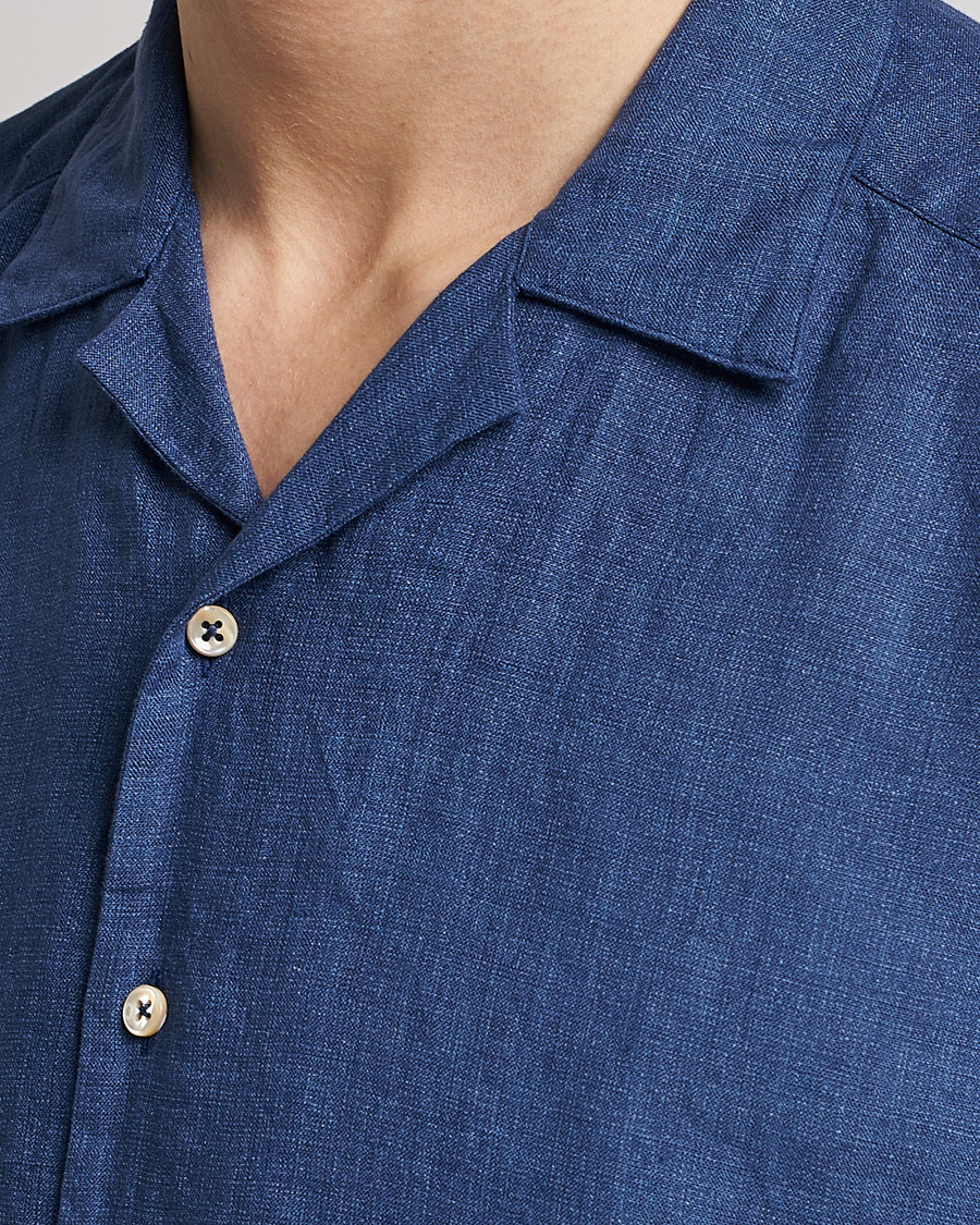 Herren | Hemden | Stenströms | Slimline Short Sleeve Resort Linen Shirt Blue