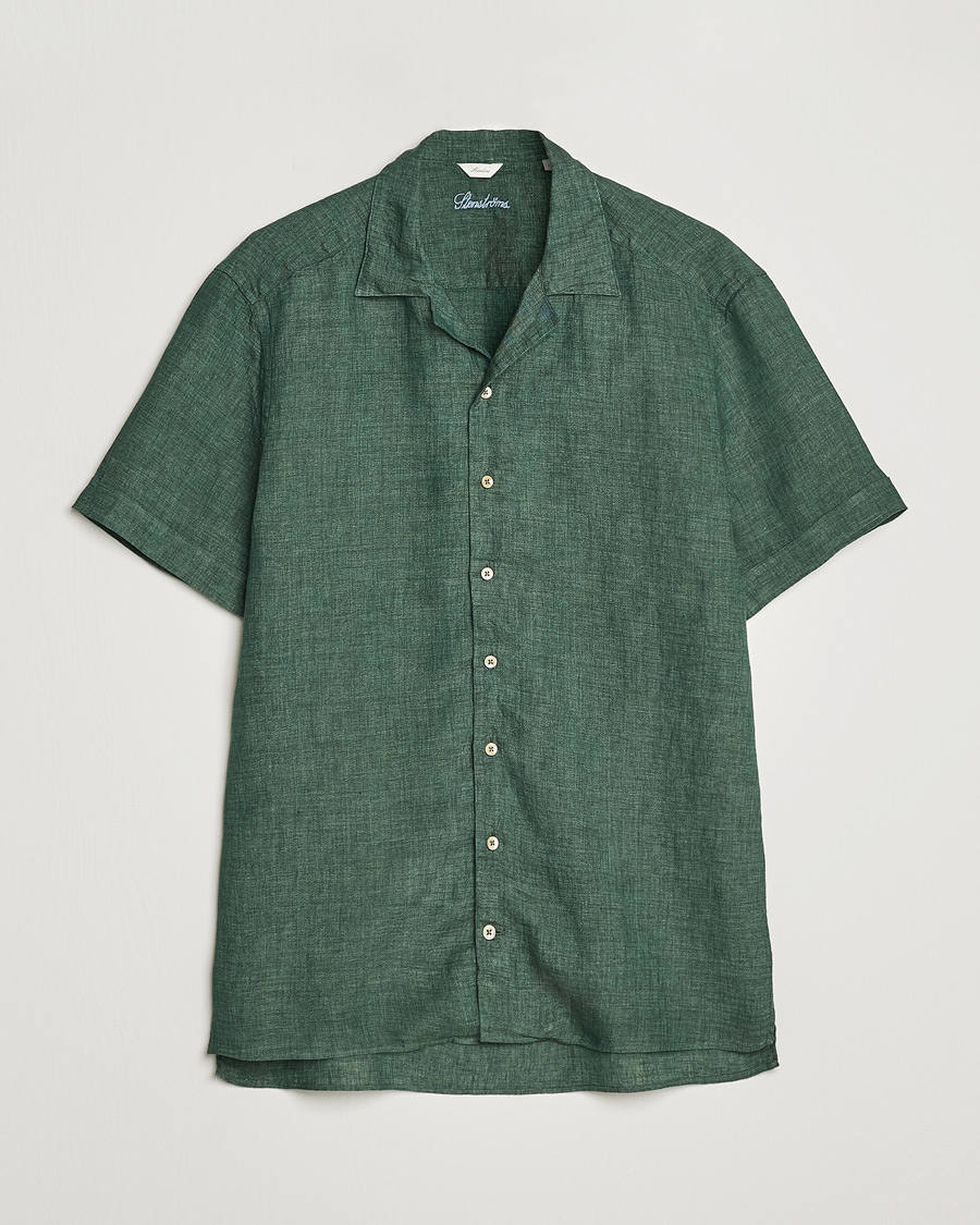 Herren | Hemden | Stenströms | Slimline Short Sleeve Resort Linen Shirt Dark Green
