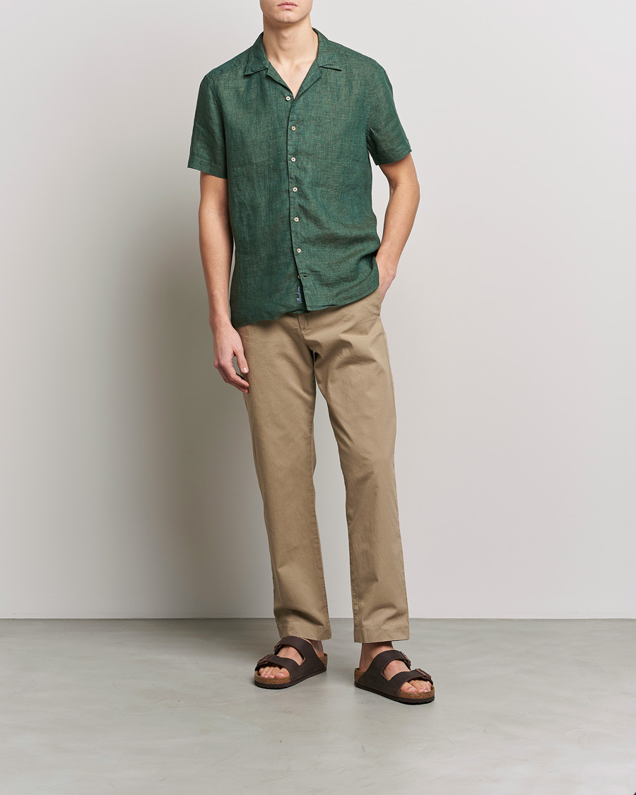 Herren | Hemden | Stenströms | Slimline Short Sleeve Resort Linen Shirt Dark Green