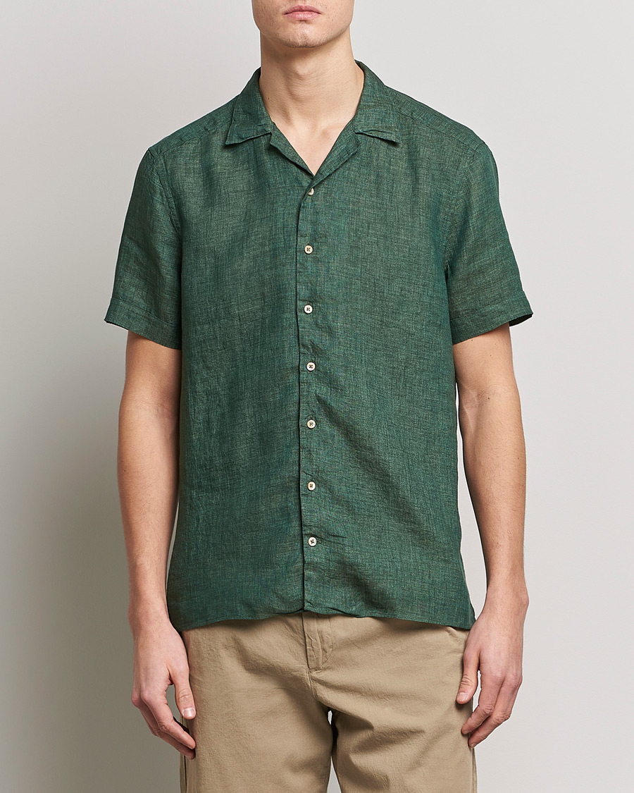 Herren | Hemden | Stenströms | Slimline Short Sleeve Resort Linen Shirt Dark Green