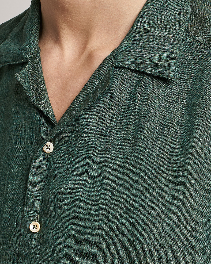 Herren | Hemden | Stenströms | Slimline Short Sleeve Resort Linen Shirt Dark Green