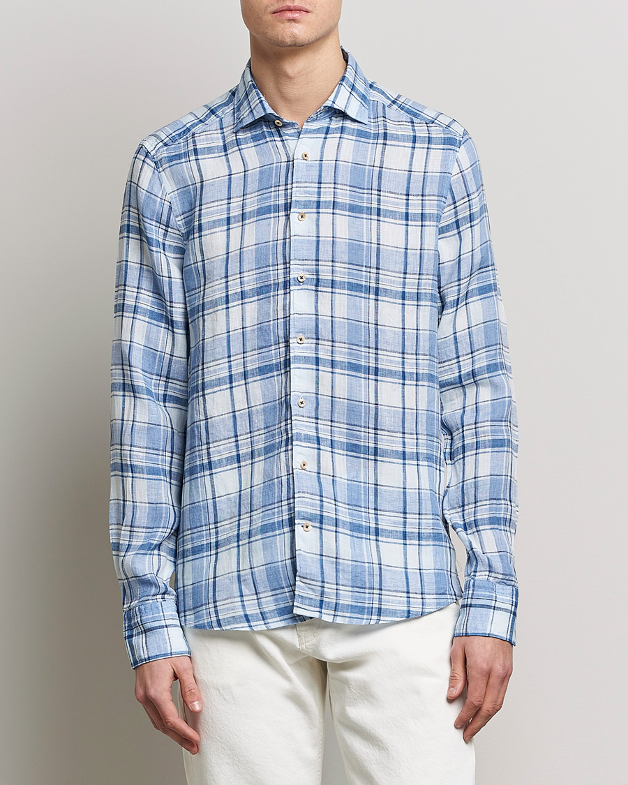 Herren |  | Stenströms | Slimline Cut Away Checked Linen Shirt Blue