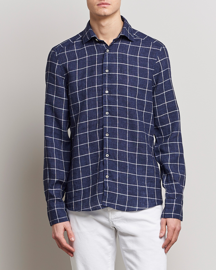 Herren |  | Stenströms | Slimline Cut Away Checked Linen Shirt Dark Blue