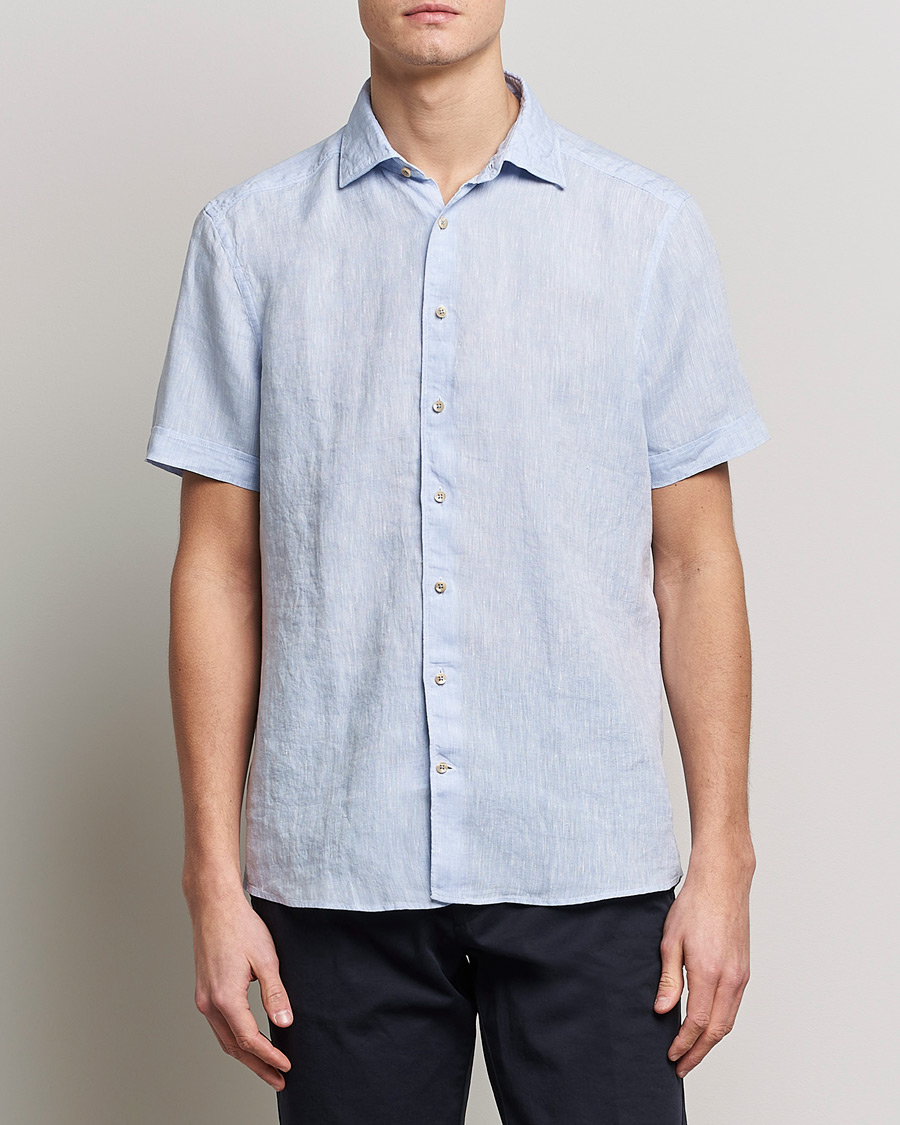 Herren |  | Stenströms | Slimline Cut Away Short Sleeve Linen Shirt Light Blue