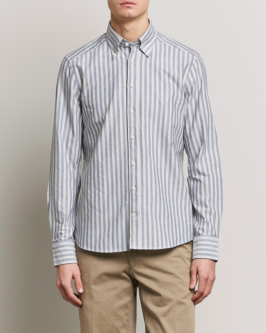 Herren |  | Stenströms | Slimline Washed Striped Oxford Shirt  Blue