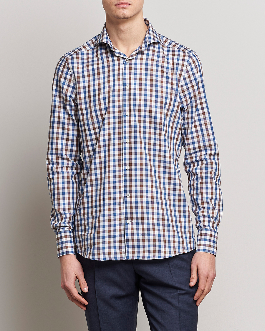 Herren |  | Stenströms | Slimline Cut Away Gingham Shirt Brown/Blue