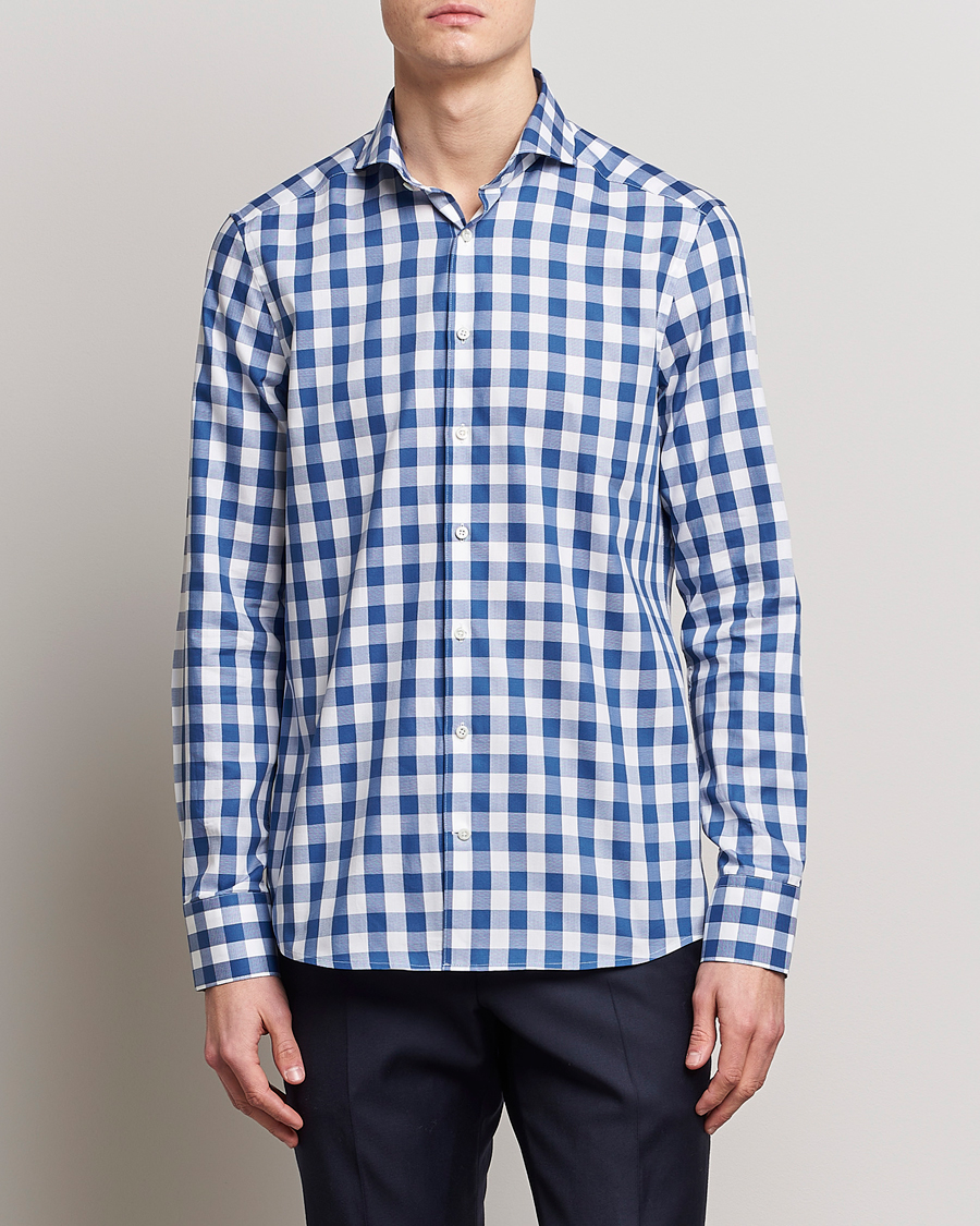 Herren |  | Stenströms | Slimline Cut Away Large Gingham Shirt Blue