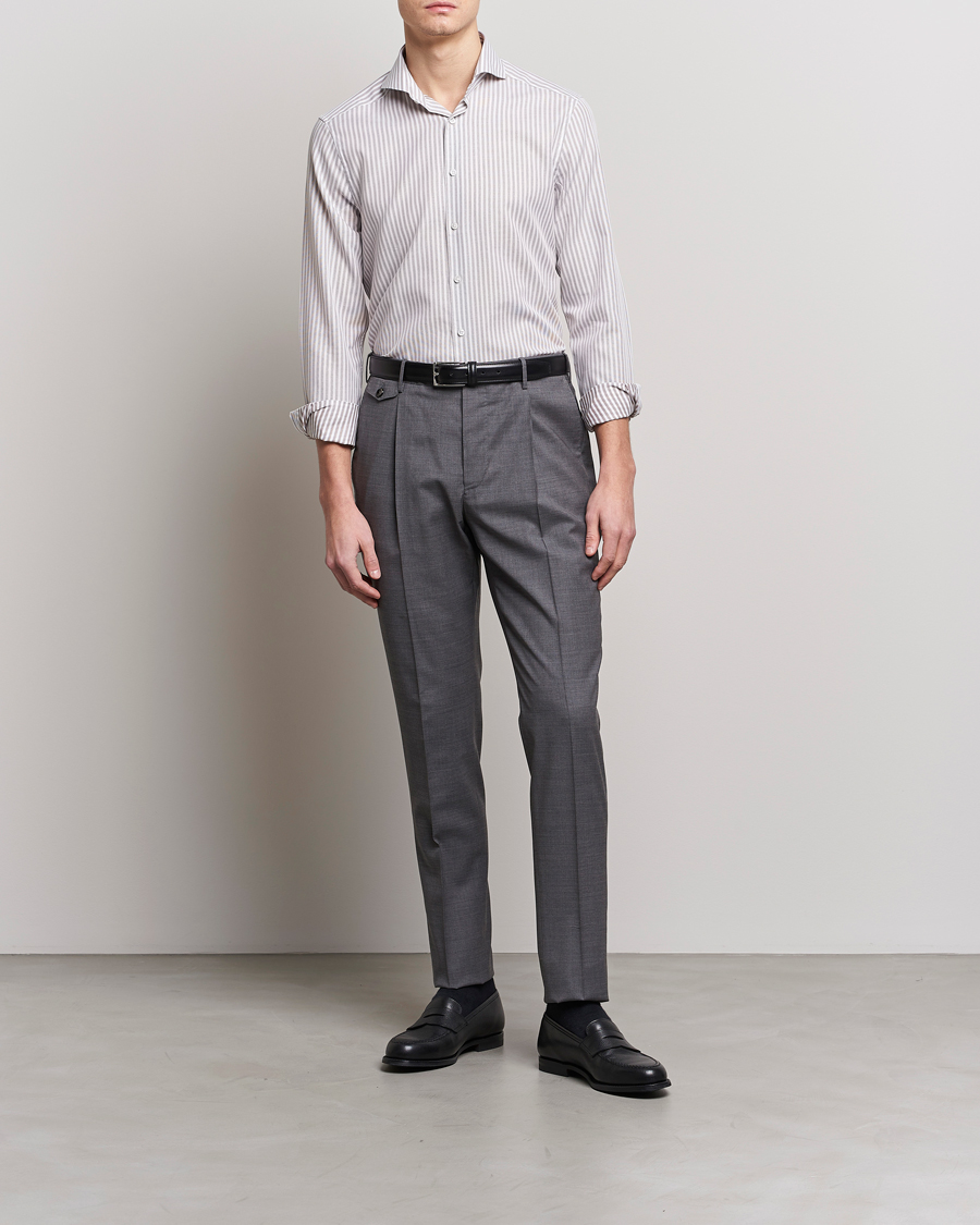 Herren | Hemden | Stenströms | Slimline Cut Away Structure Striped Shirt Brown