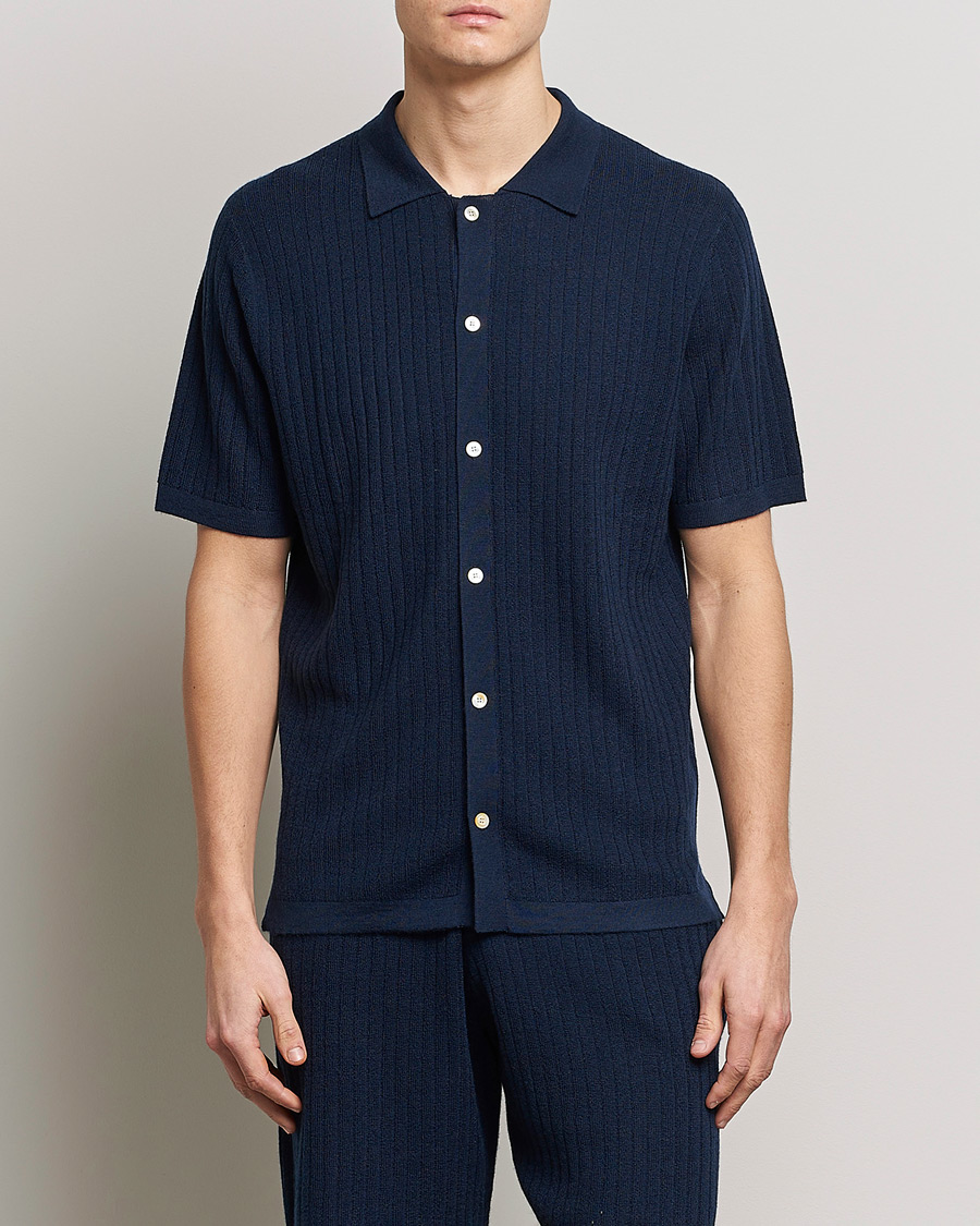 Herren |  | Stenströms | Merino/Lyocell Ribbed Buttoned Polo Shirt Navy
