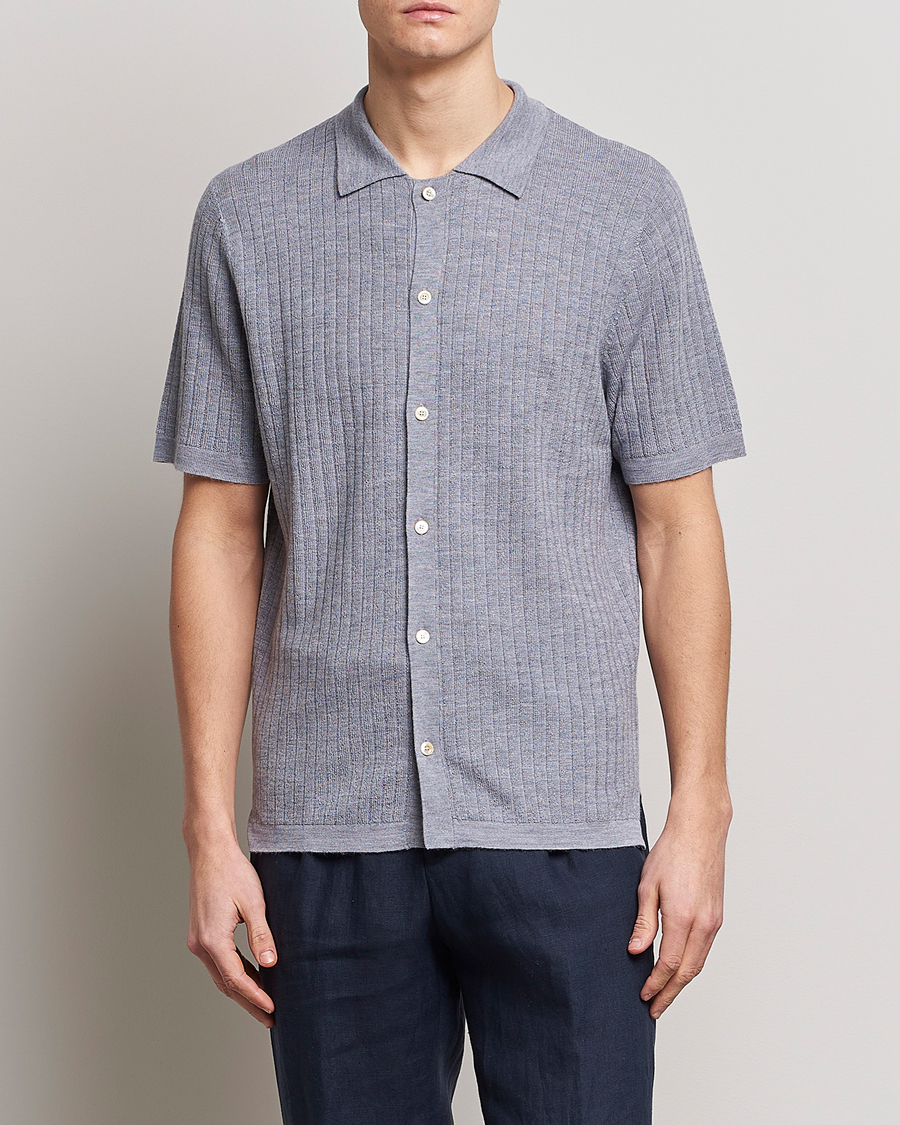 Herren |  | Stenströms | Merino/Lyocell Ribbed Buttoned Polo Shirt Grey