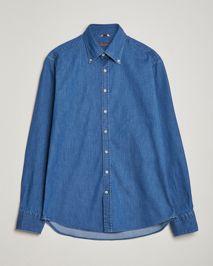 Herren | Business & Beyond | Stenströms | Fitted Body Button Down Garment Washed Shirt Mid Blue Denim