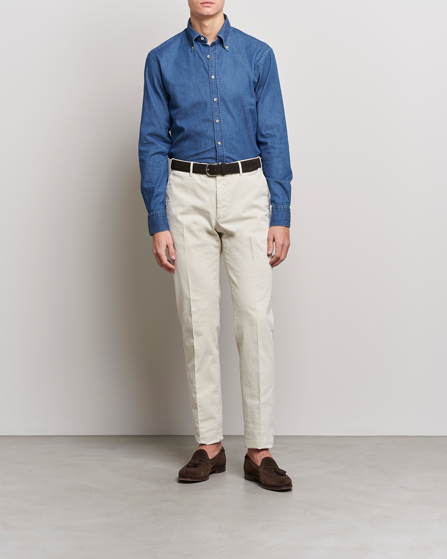 Herren | Hemden | Stenströms | Fitted Body Button Down Garment Washed Shirt Mid Blue Denim