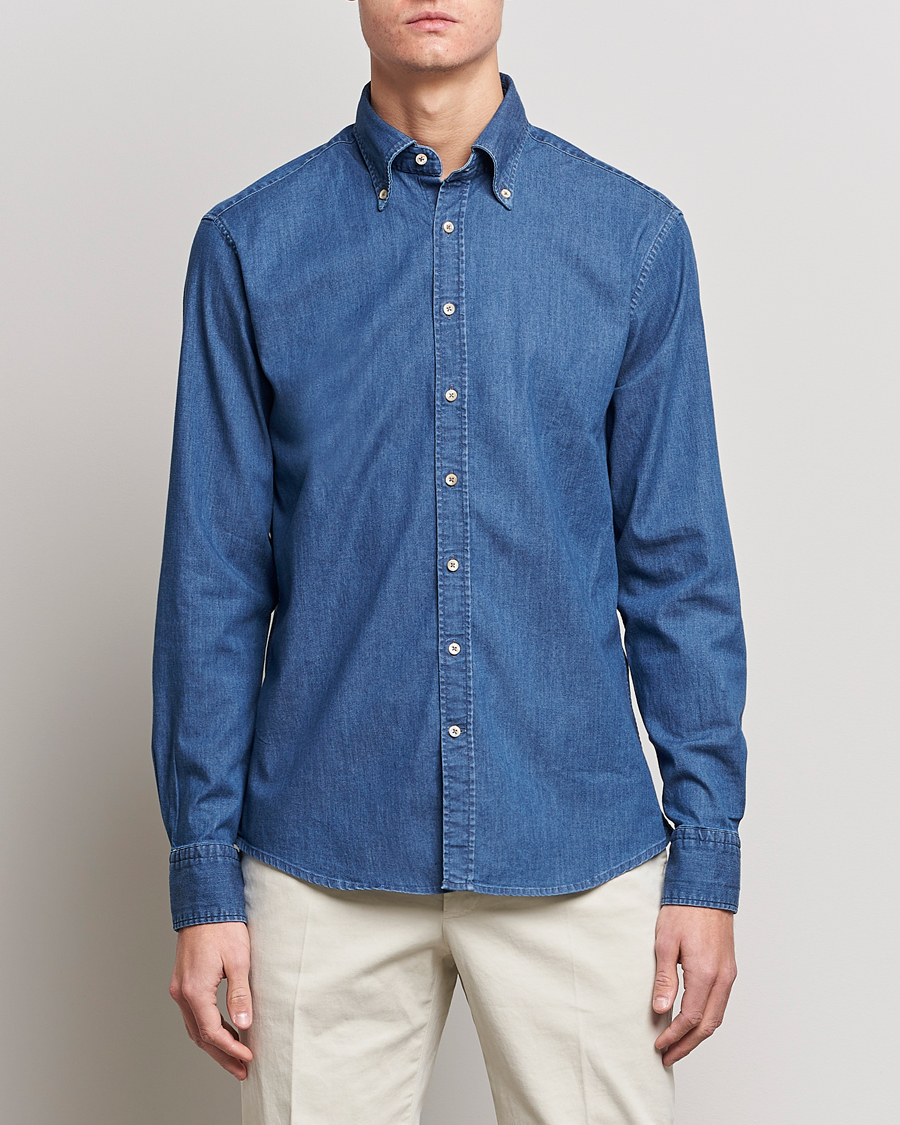 Herren | Jeanshemden | Stenströms | Fitted Body Button Down Garment Washed Shirt Mid Blue Denim