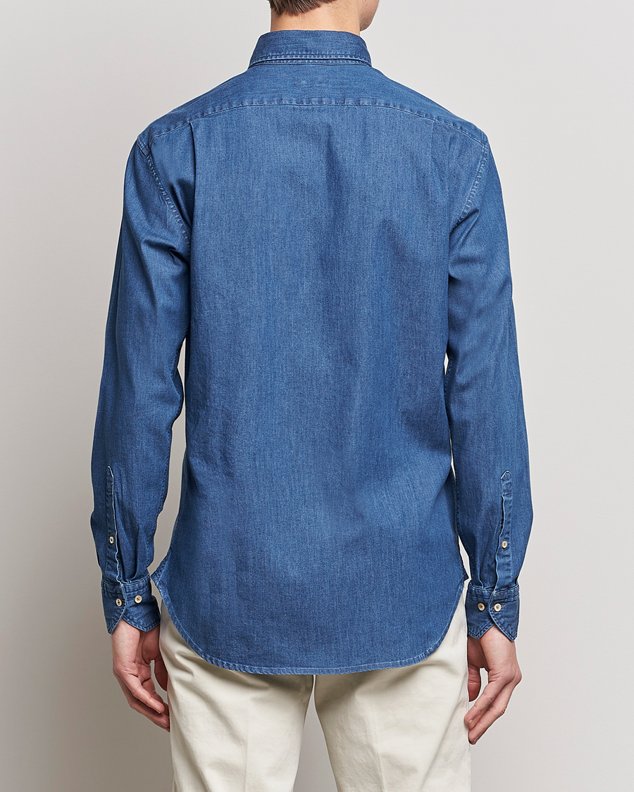 Herren | Hemden | Stenströms | Fitted Body Button Down Garment Washed Shirt Mid Blue Denim