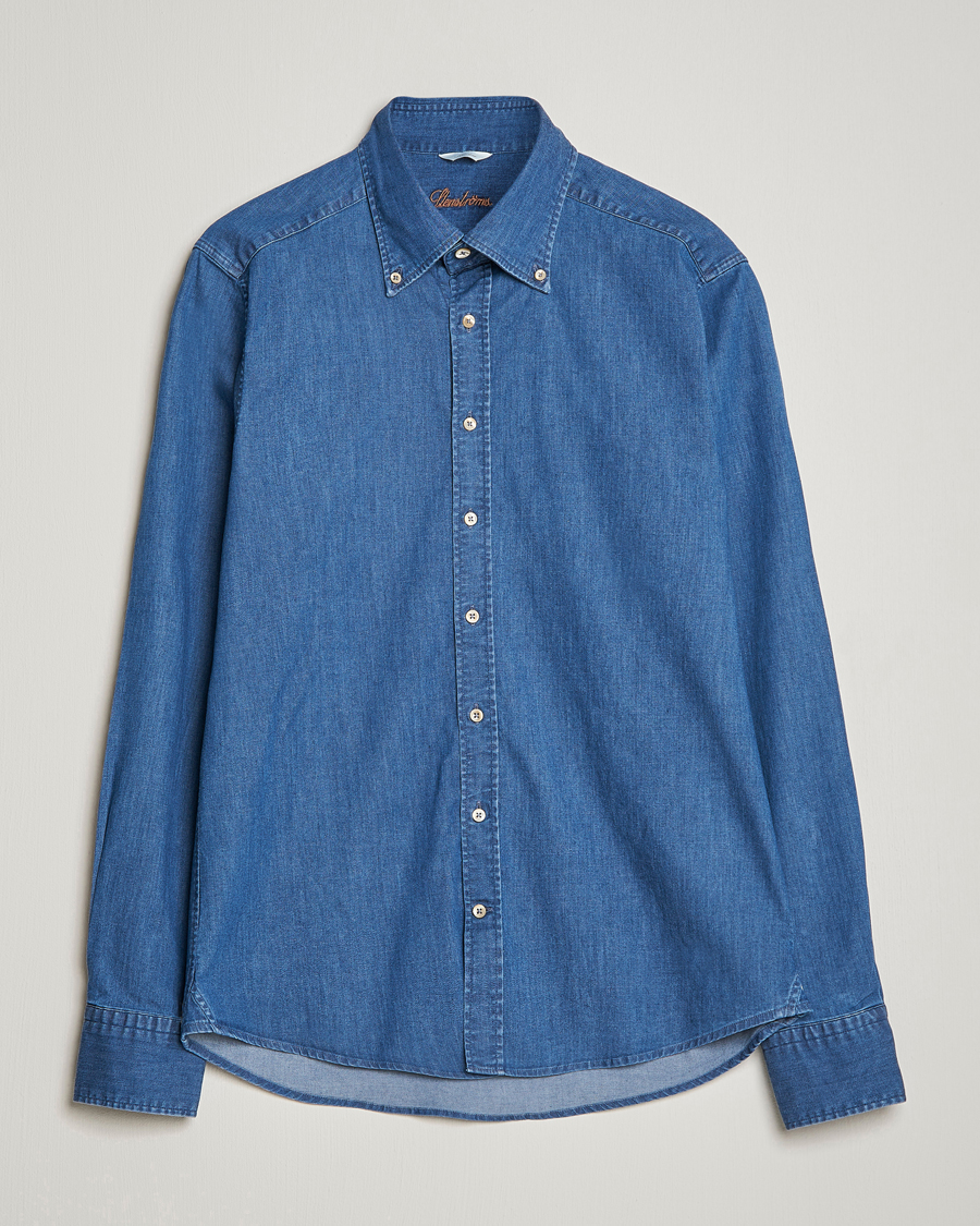 Herren | Hemden | Stenströms | Slimline Button Down Garment Washed Shirt Mid Blue Denim