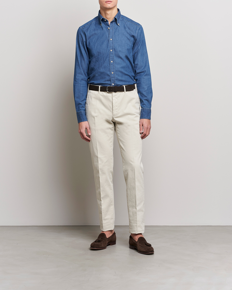Herren | Hemden | Stenströms | Slimline Button Down Garment Washed Shirt Mid Blue Denim
