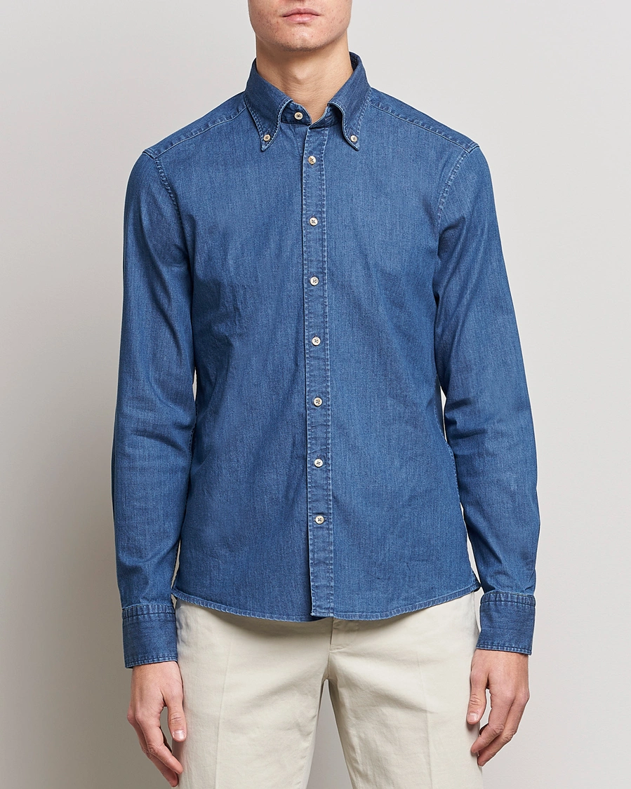 Herren | Jeanshemden | Stenströms | Slimline Button Down Garment Washed Shirt Mid Blue Denim