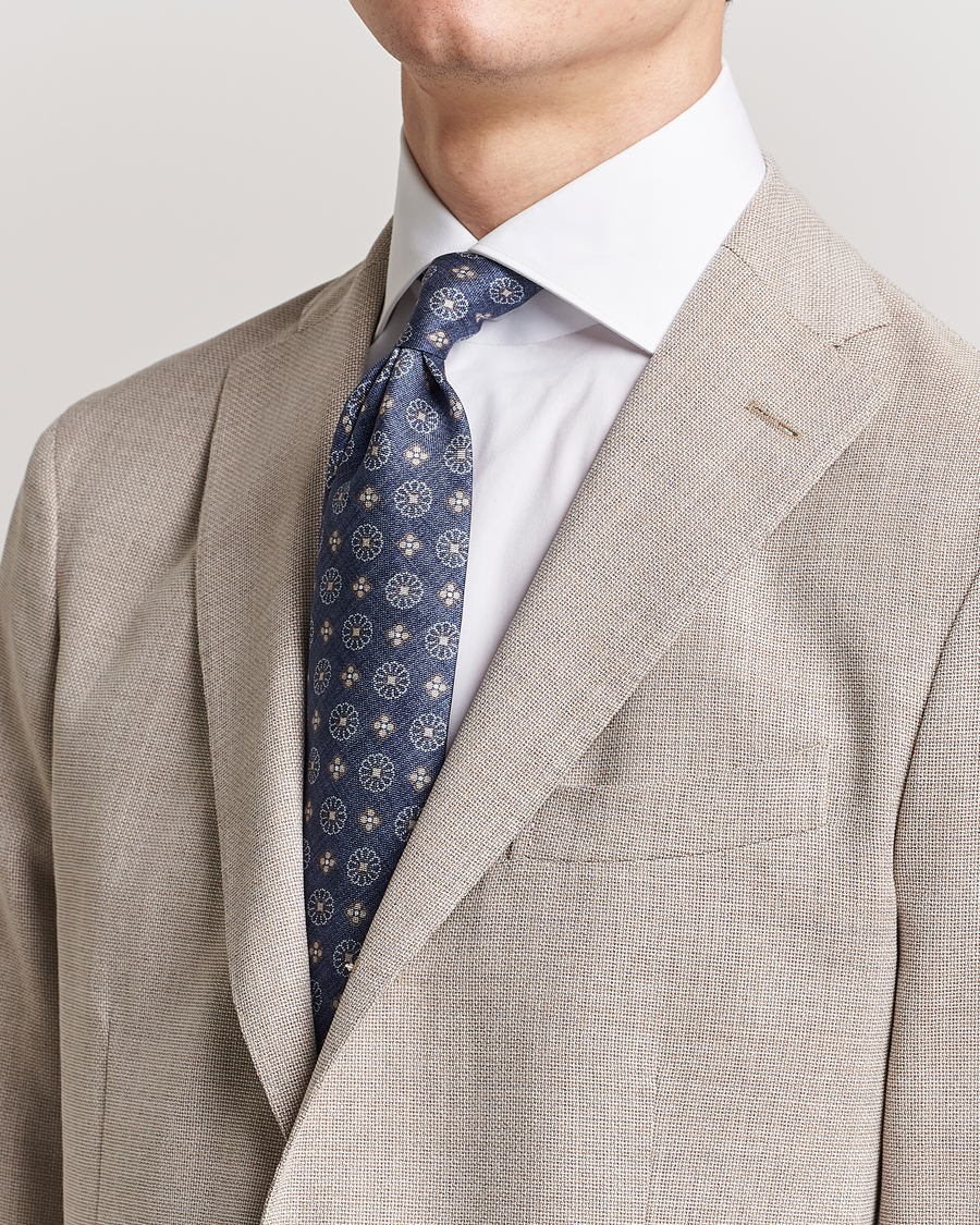 Herren |  | Stenströms | Flower Printed Silk Tie Navy