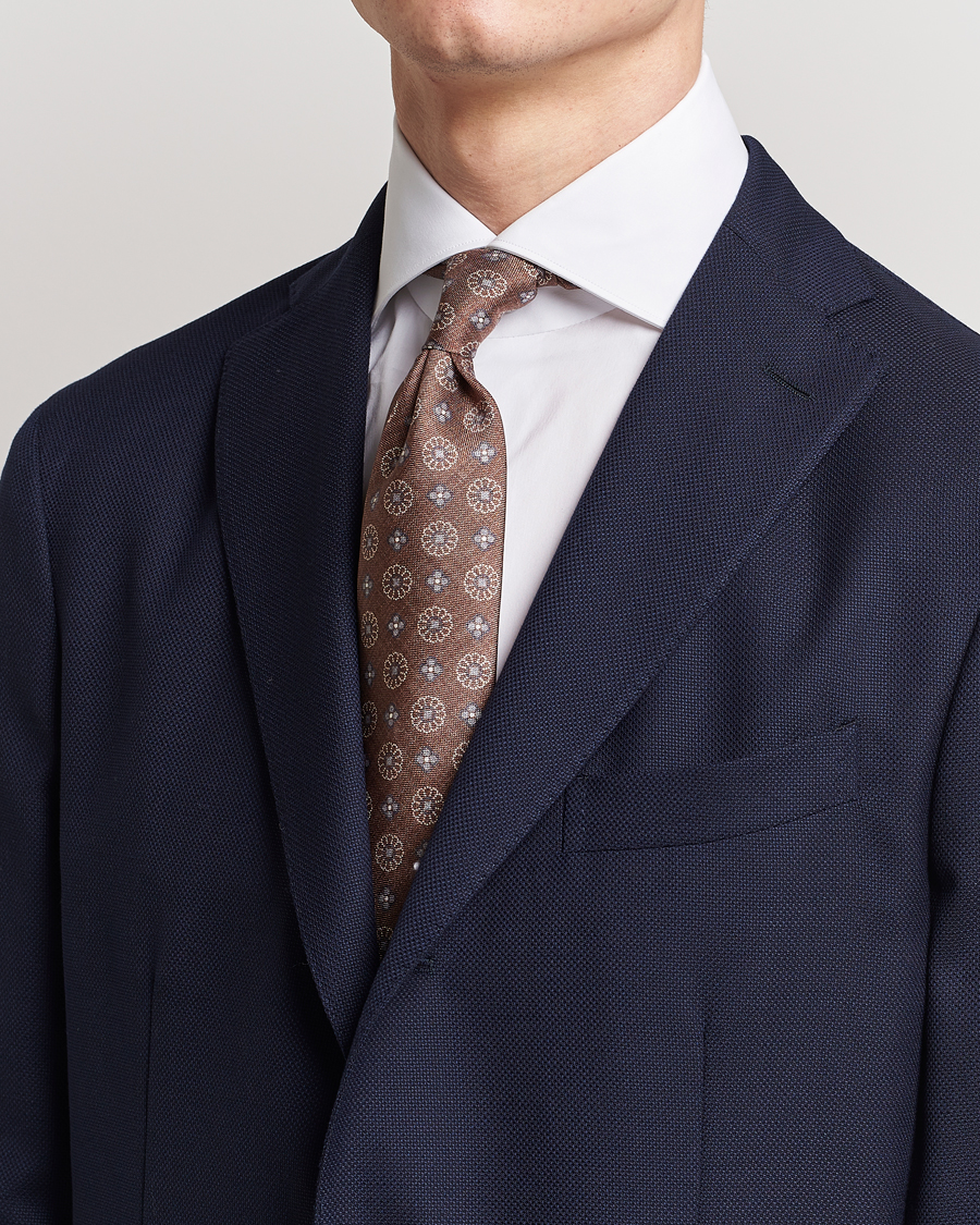 Herren |  | Stenströms | Flower Printed Silk Tie Brown
