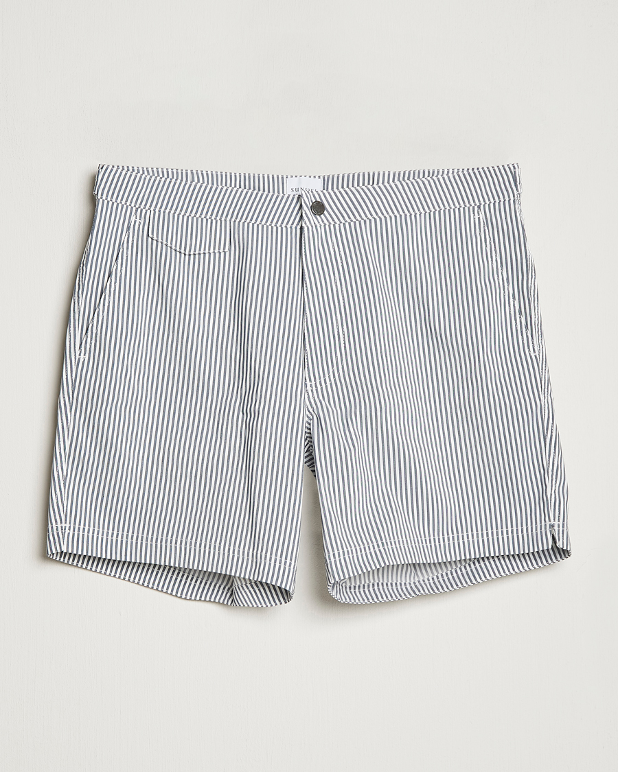 Herren | Badehosen | Sunspel | Striped Tailored Swimshorts Navy/White