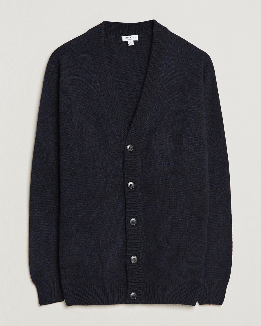 Herren | Pullover | Sunspel | Lambswool Cardigan Dark Navy Mouline