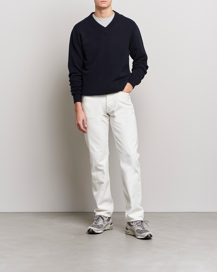 Herren | Pullover | Sunspel | Lambswool V-Neck Dark Navy Mouline