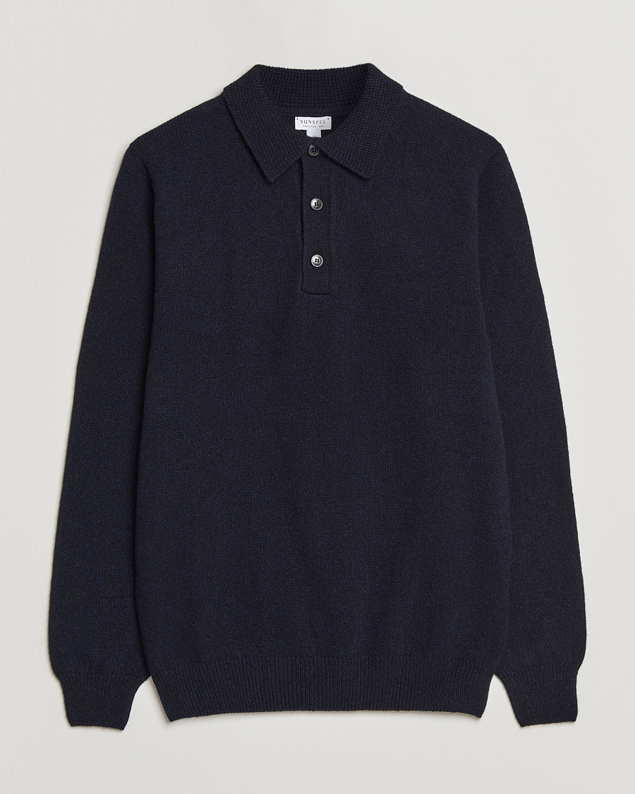 Herren | Pullover | Sunspel | Lambswool Poloshirt Dark Navy Mouline