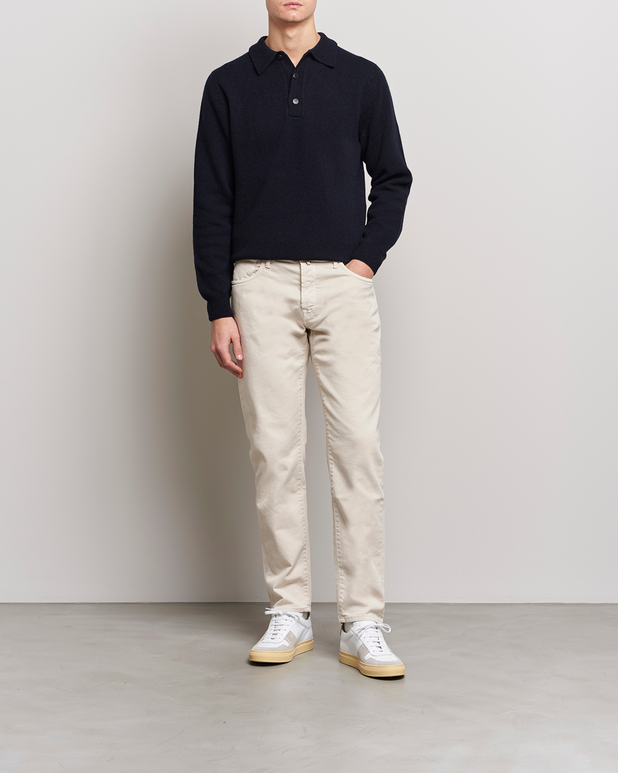 Herren | Pullover | Sunspel | Lambswool Poloshirt Dark Navy Mouline