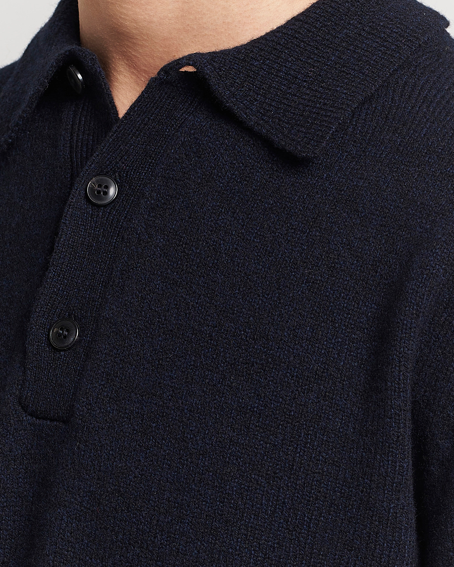 Herren | Pullover | Sunspel | Lambswool Poloshirt Dark Navy Mouline