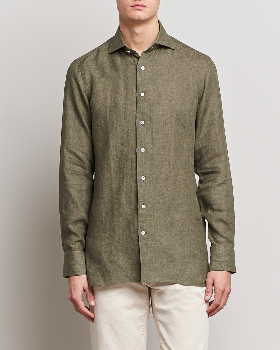 Herren | Luxury Brands | 100Hands | Signature Linen Cut Away Shirt Green
