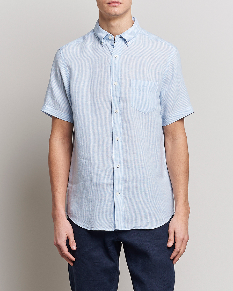 Herren | Kurzarmhemden | GANT | Regular Fit Striped Linen Short Sleeve Shirt Capri Blue