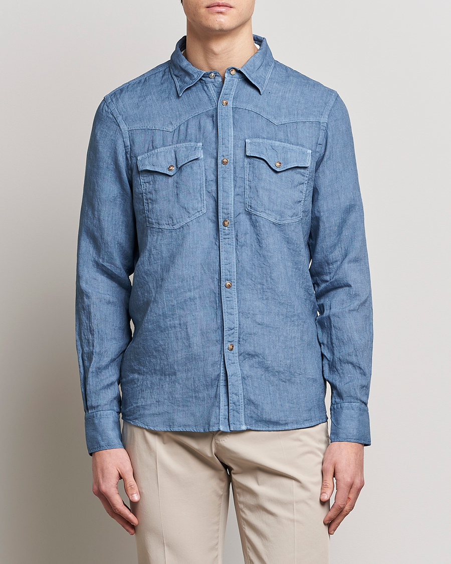 Herren | Gran Sasso | Gran Sasso | Casual Pocket Linen Shirt Blue