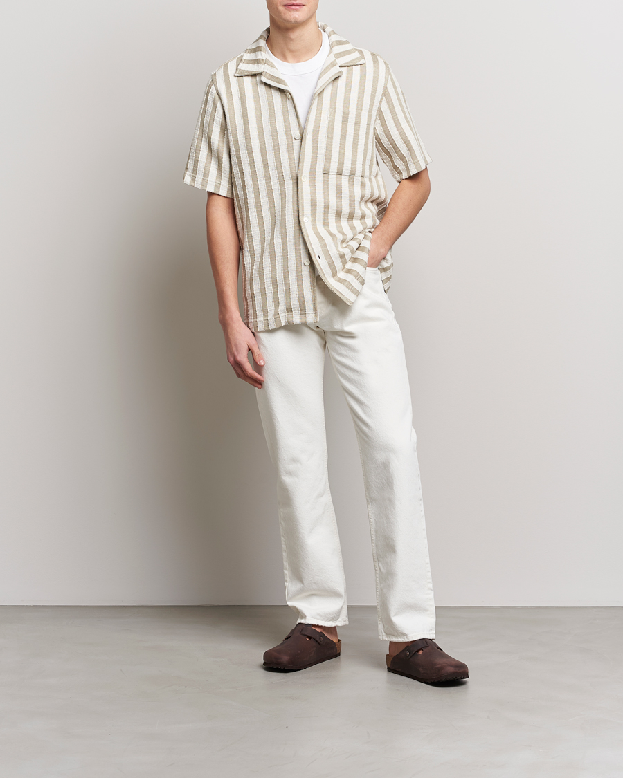 Herren | Hemden | NN07 | Julio Knitted Striped Resort Collar Shirt Green/White