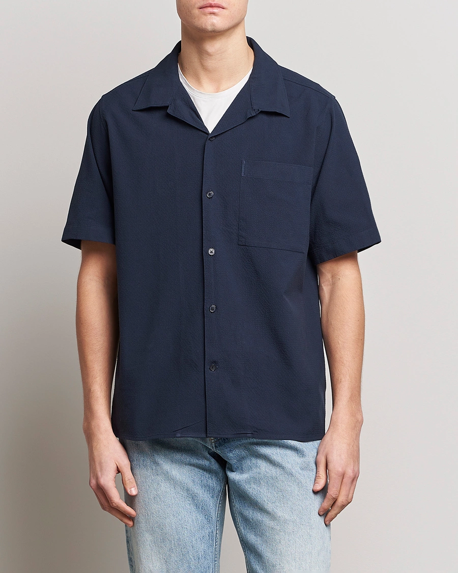 Herren | Kurzarmhemden | NN07 | Julio Seersucker Short Sleeve Shirt Navy