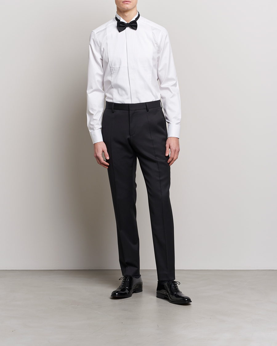 Men | Dress Shirts | Stenströms | Slimline Stand Up Collar Plissè Shirt White