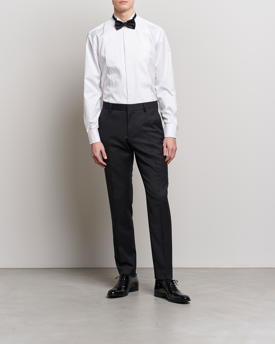 Men | Dress Shirts | Stenströms | Fitted Body Stand Up Collar Plissè Shirt White