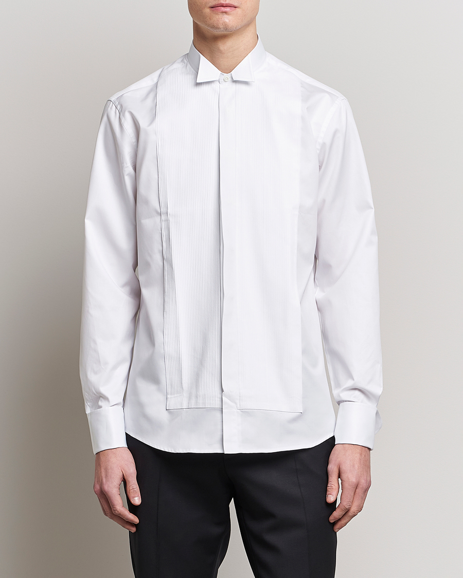 Herren | Anzugshemden | Stenströms | Fitted Body Stand Up Collar Plissè Shirt White