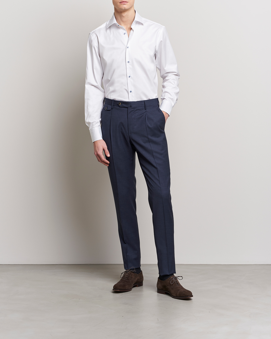 Men | Business Shirts | Stenströms | Fitted Body Contrast Cut Away Shirt White