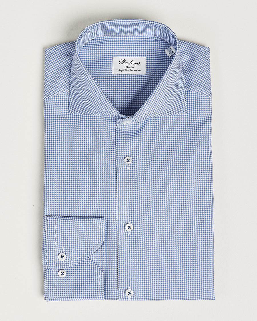 Herren | Hemden | Stenströms | Slimline Small Check Cut Away Shirt Blue