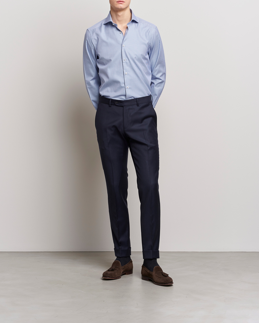 Herren | Hemden | Stenströms | Slimline Small Check Cut Away Shirt Blue