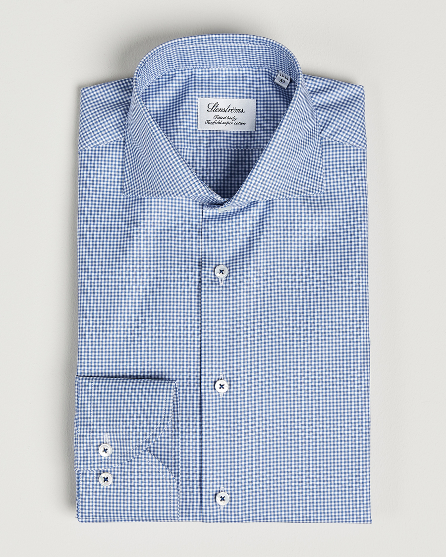 Herren |  | Stenströms | Fitted Body Small Check Cut Away Shirt Blue