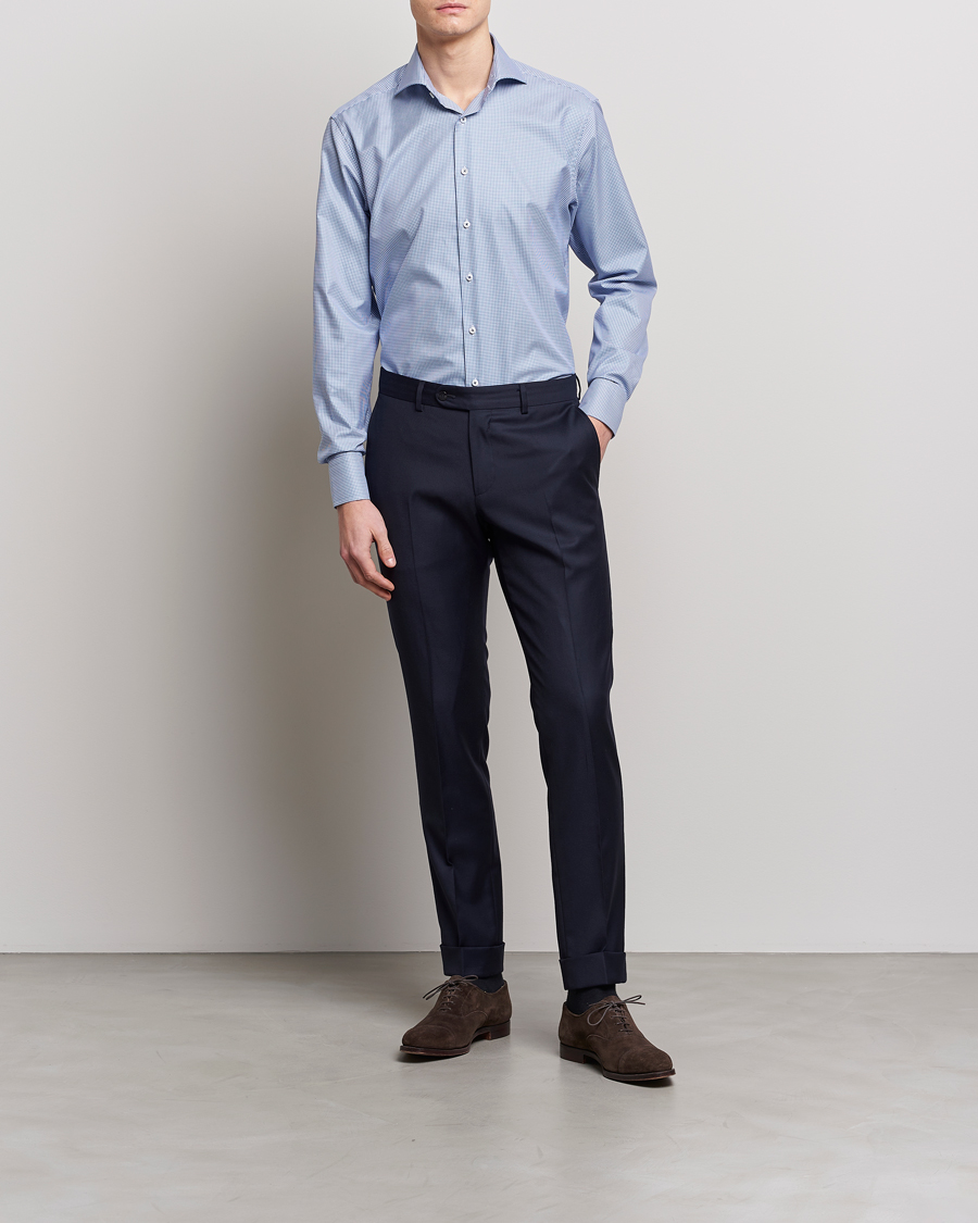 Herren | Hemden | Stenströms | Fitted Body Small Check Cut Away Shirt Blue