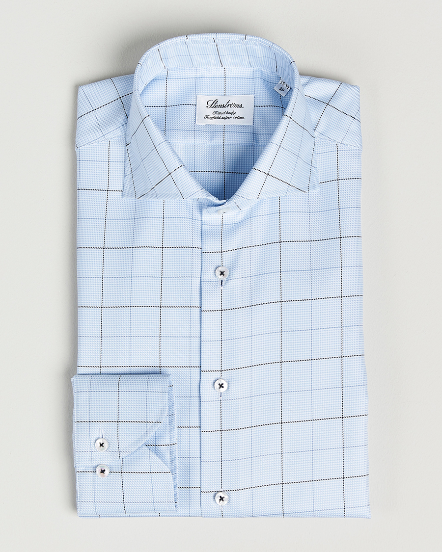 Herren |  | Stenströms | Fitted Body Cut Away Windowpane Shirt Blue