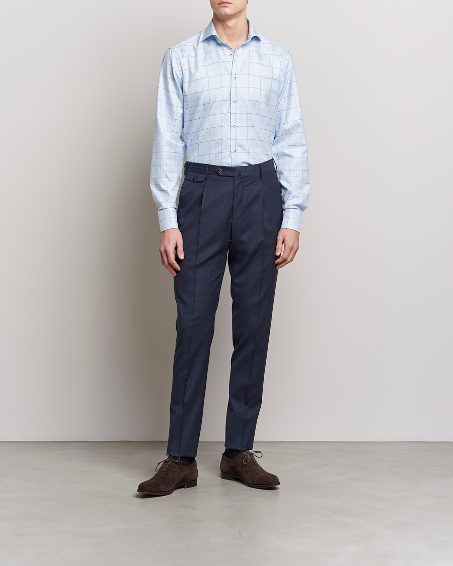 Herren | Hemden | Stenströms | Fitted Body Cut Away Windowpane Shirt Blue
