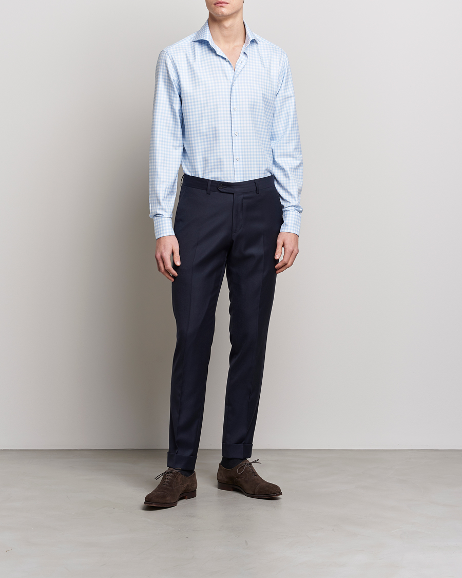 Herren | Hemden | Stenströms | Fitted Body Checked Cut Away Shirt Light Blue