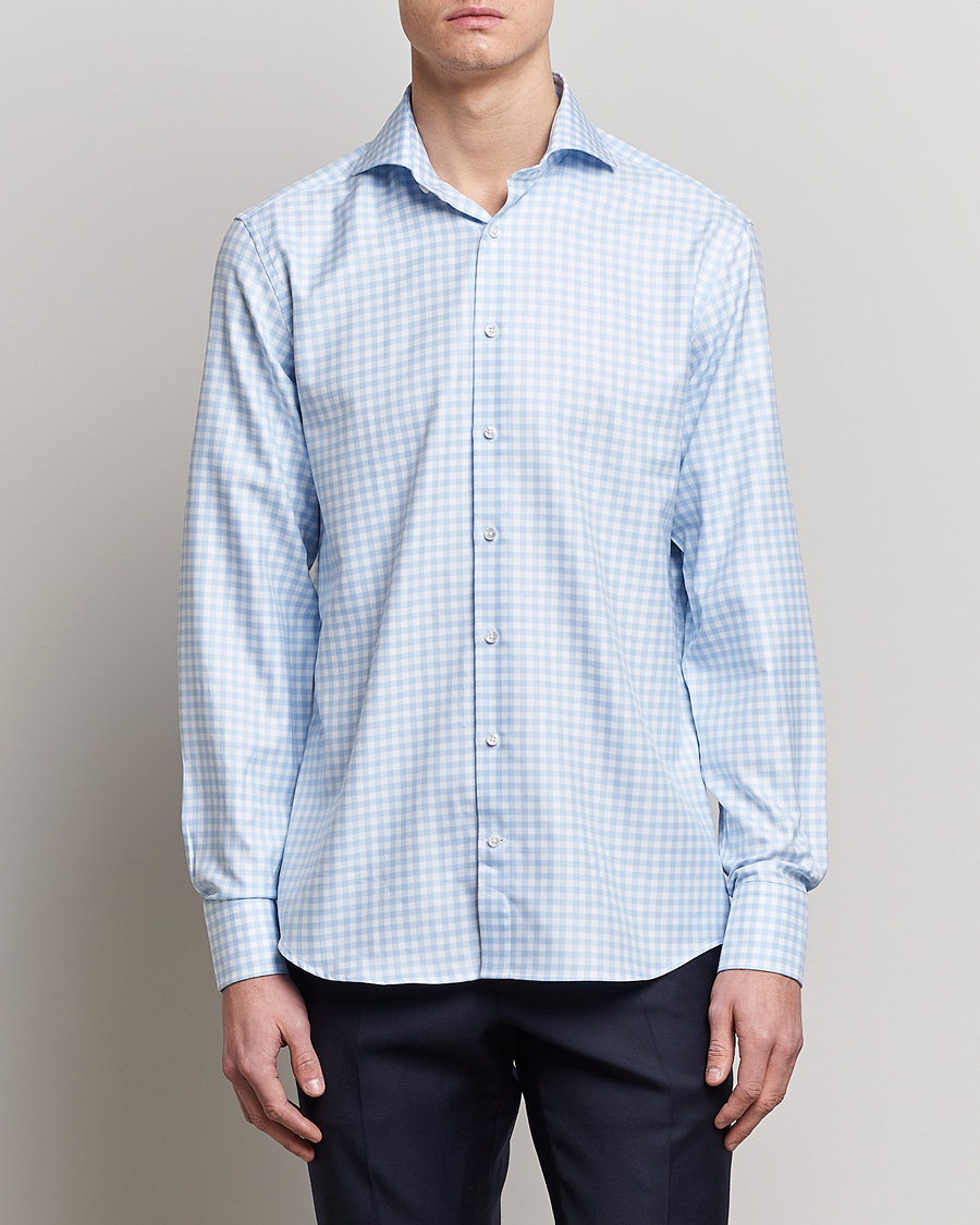 Herren | Businesshemden | Stenströms | Fitted Body Checked Cut Away Shirt Light Blue