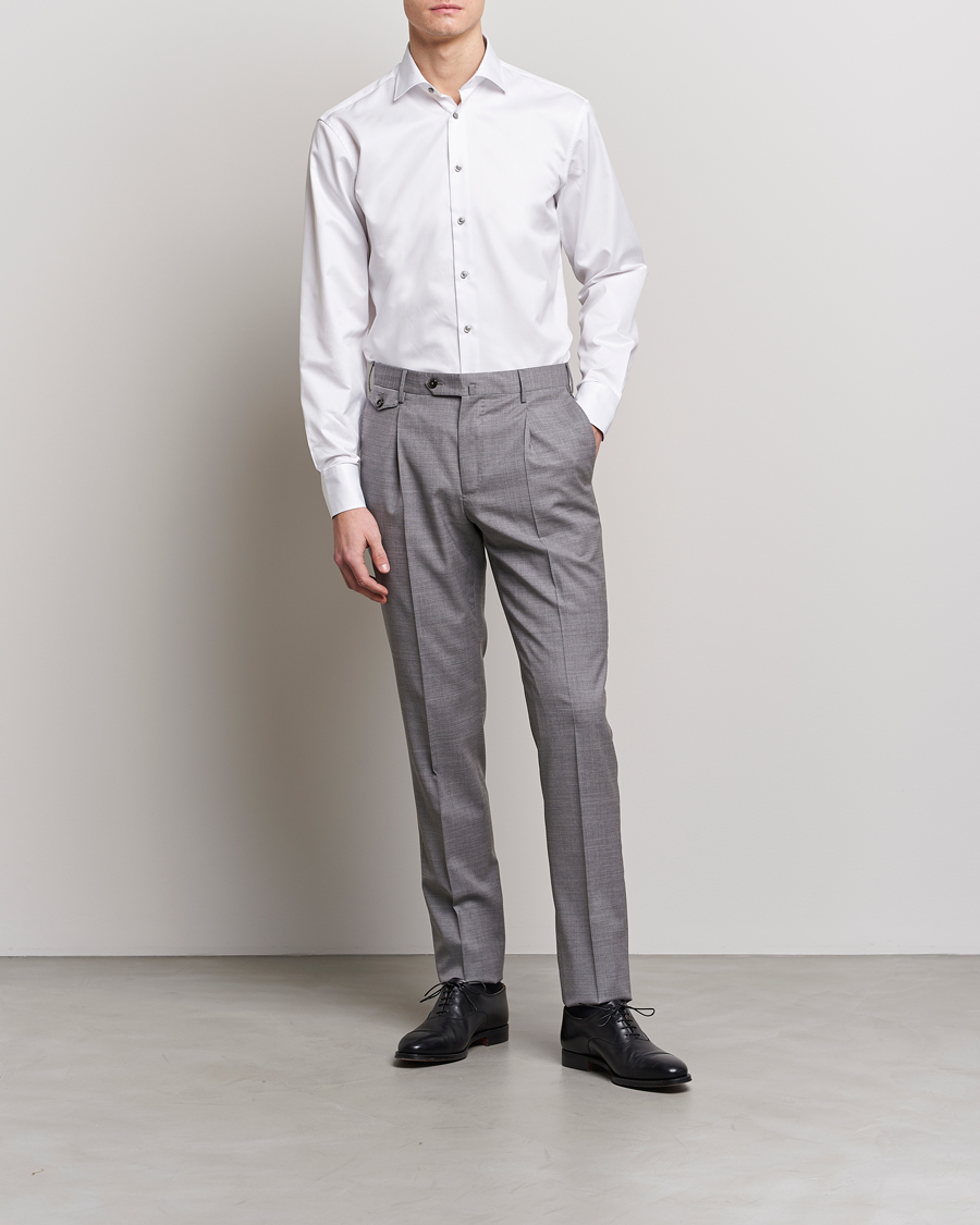 Men | Business Shirts | Stenströms | Fitted Body Contrast Cotton Twill Shirt White