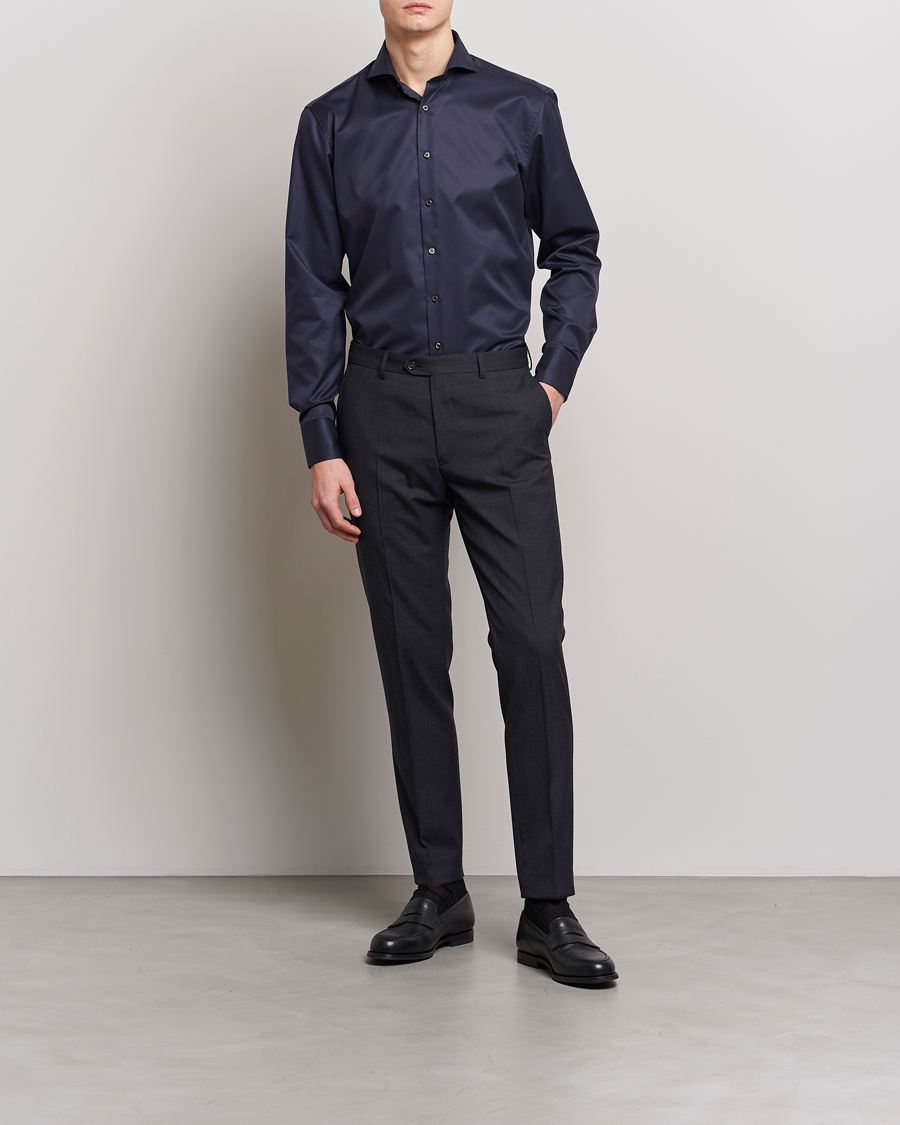 Men | Business Shirts | Stenströms | Fitted Body Extreme Cut Away Shirt Navy