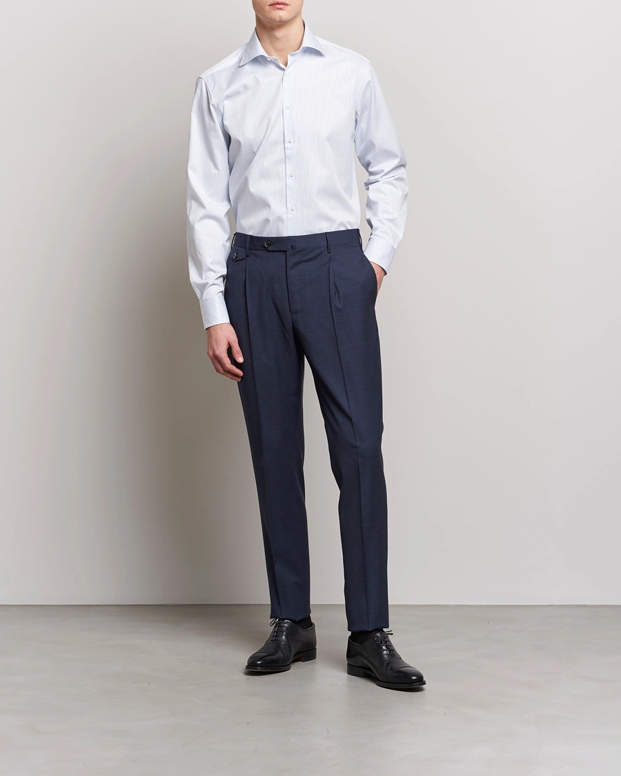 Herren | Formelle Hemden | Stenströms | Fitted Body Cotton Double Cuff Shirt White/Blue