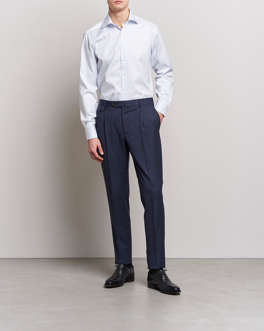 Herr |  | Stenströms | Fitted Body Cotton Double Cuff Shirt White/Blue